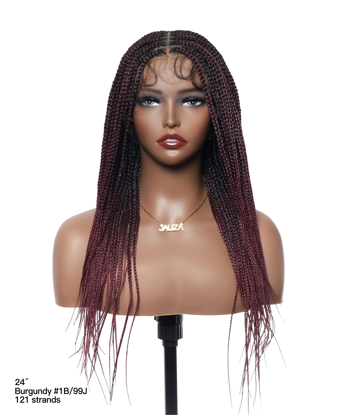 A pre-bleached human hair lace wig with a knotless box braided pattern displayed on a mannequin head.