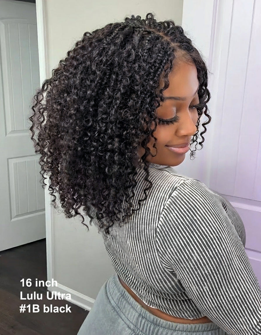 JALIZA 16 inch Natural Black #1B Curly Wave Boho Box Braids Pre Bleached Swiss HD Full Lace Braided Wig (Model - Side View)