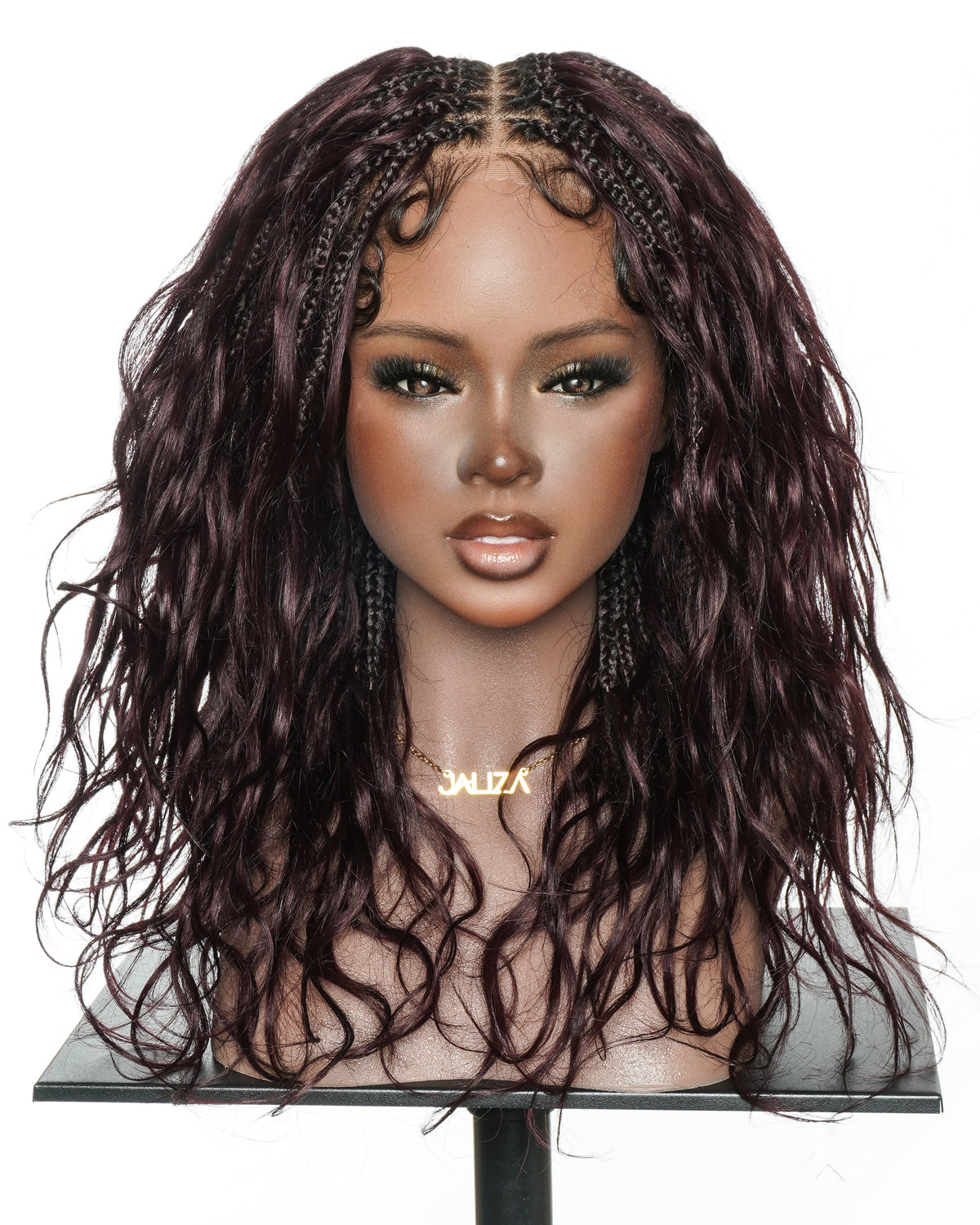 Michelle - Dark Burgundy Human Hair Curls Swiss HD Full Lace Boho Box Braided Wig