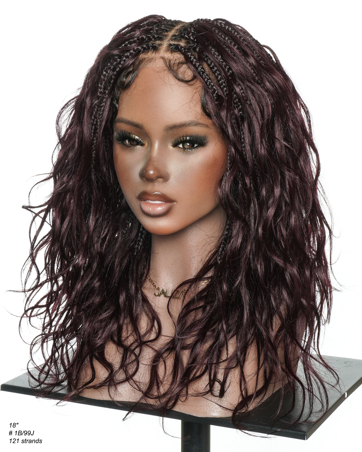 Michelle - Dark Burgundy Human Hair Curls Swiss HD Full Lace Boho Box Braided Wig