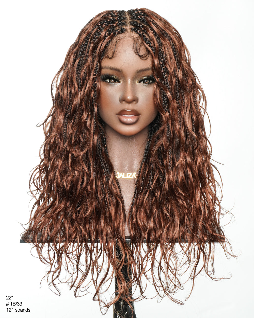 Michelle - 18" Dark Auburn Brown Color #33 Human Hair Body Wave Curls Pre Bleached HD Full Lace Knotless Boho Box Braided Wig