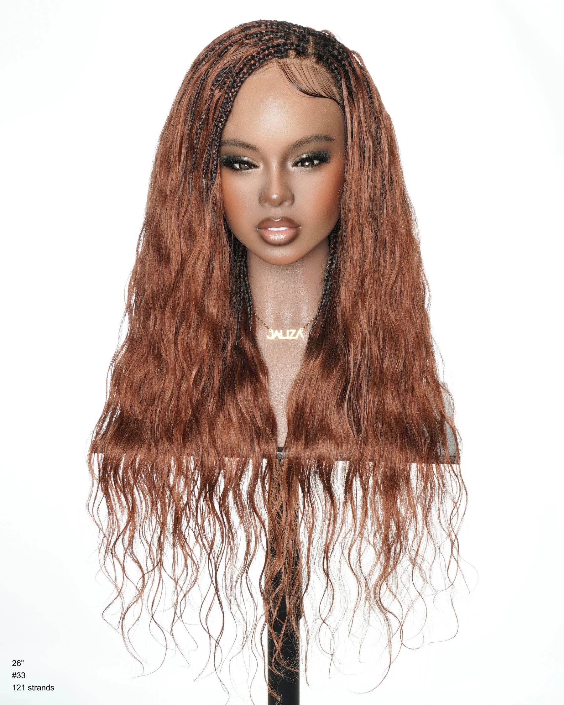 Michelle - Dark Auburn Brown Color #33 Glueless Human Hair Body Wave Curls Pre Bleached HD Full Lace Knotless Boho Box Braided Wig