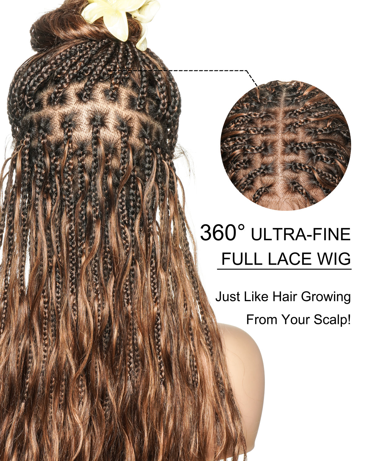 Michelle - Braided Wig Bora Bora Human Hair Body Wave Pre Bleached HD Full Lace Boho Box Braids