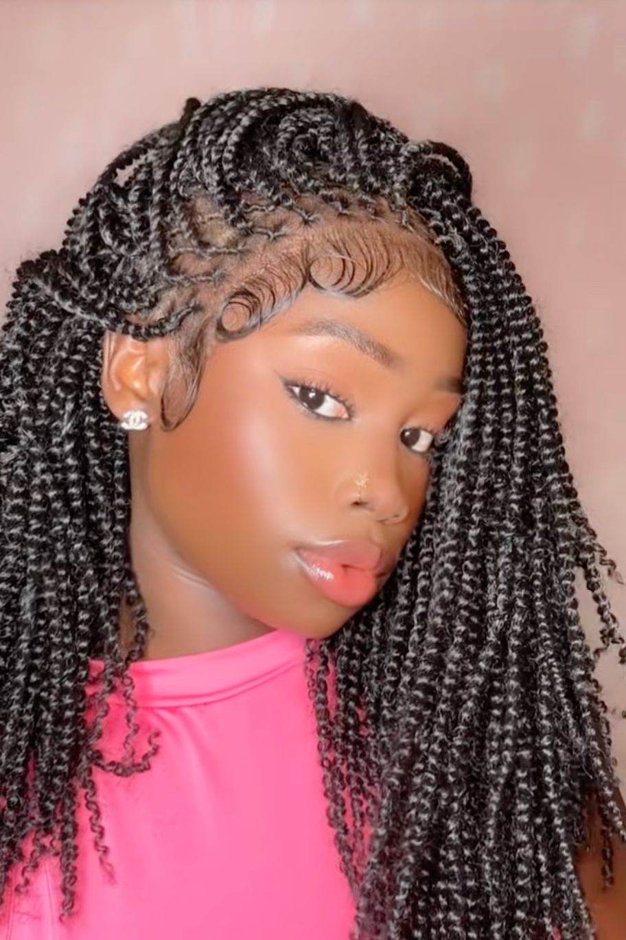 Tina - Senegalese Mini Twist Braided Wig 14" Full Hand-tied HD Lace With Curly Ends - Human Baby Hair
