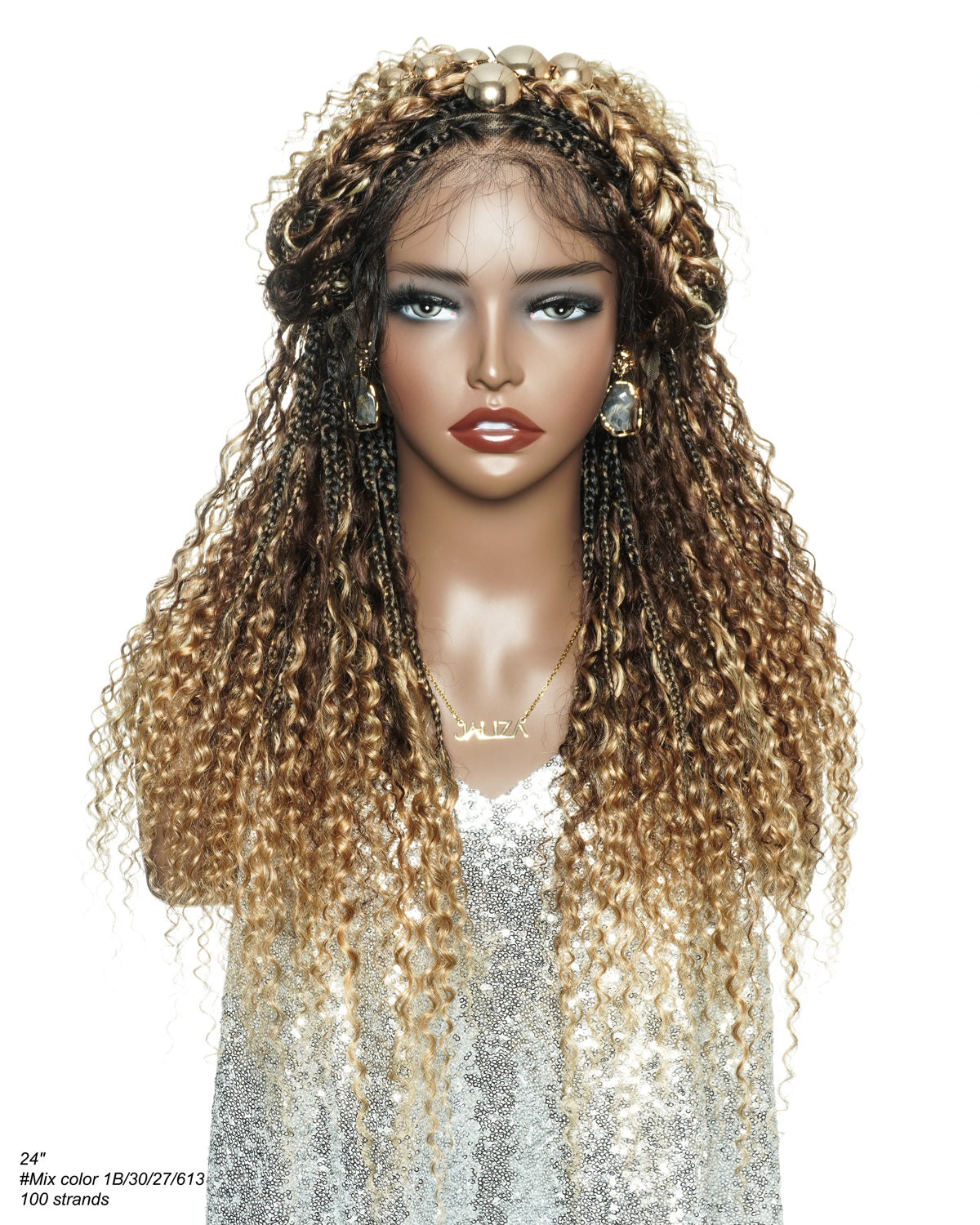 Solana - Human Hair Pre Bleached Lace Swiss HD Full Lace Blend Color 1B 4 30 27 613 Human Hair Boho Style Boho Box Braided Wig