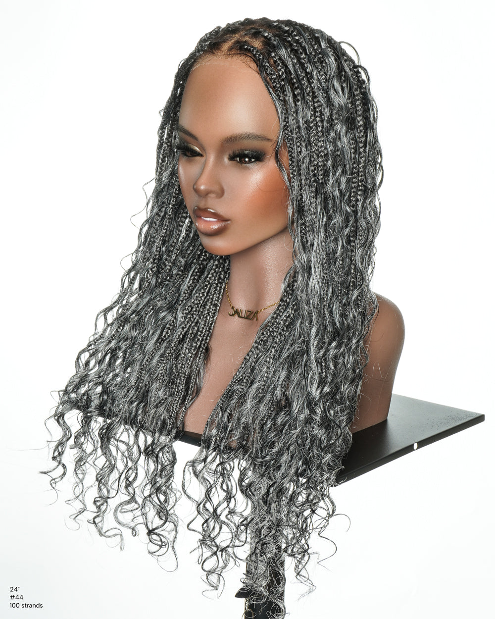 Salt & Pepper 24" HD Full Lace Boho Braided Wig with Deep Wave Human Hair & Synthetic Blend Curls #44 Base