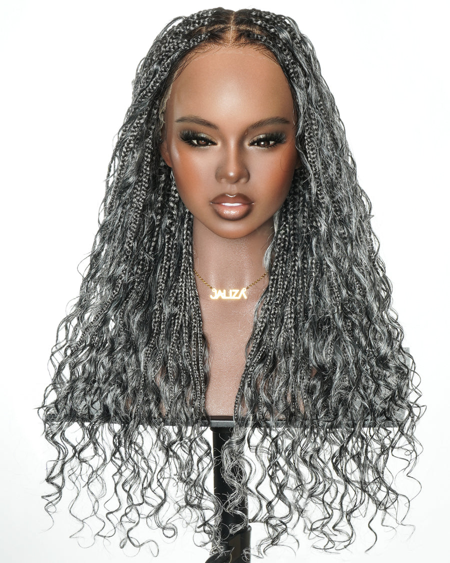 Salt & Pepper 24" HD Full Lace Boho Braided Wig with Deep Wave Human Hair & Synthetic Blend Curls #44 Base
