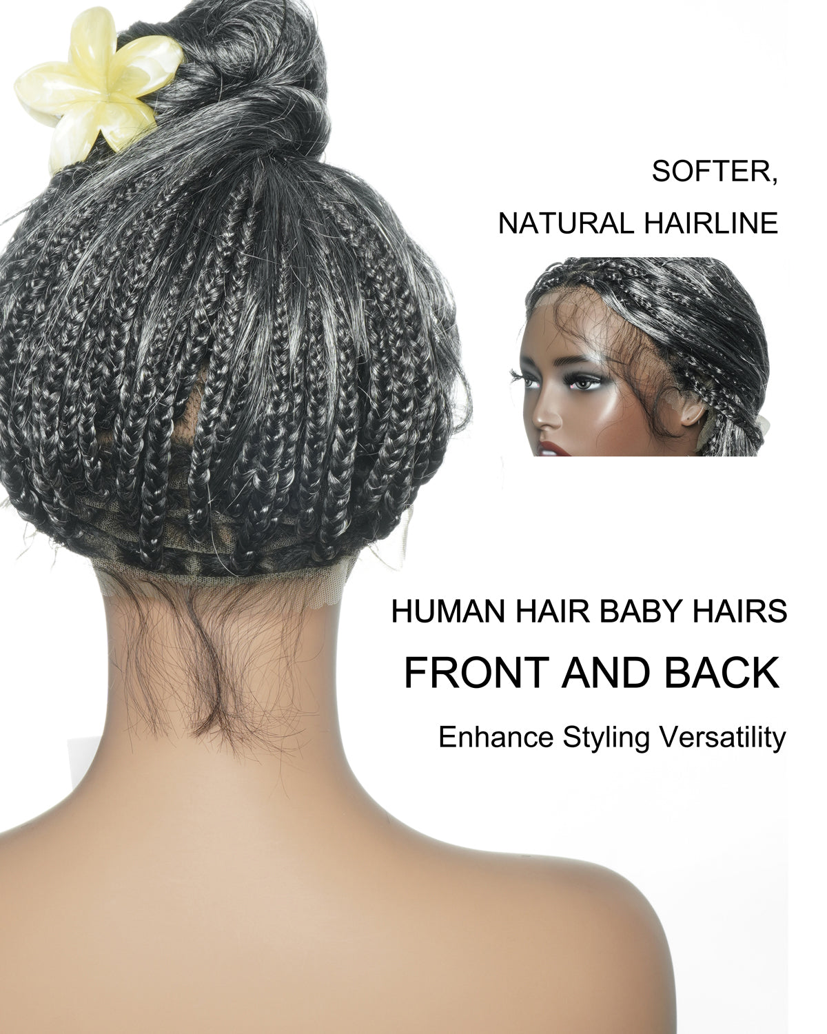 Michelle Salt & Pepper Glueless Swiss HD Full Lace Boho Braided Wig - Human Hair & Synthetic Blend Curls 1B Base