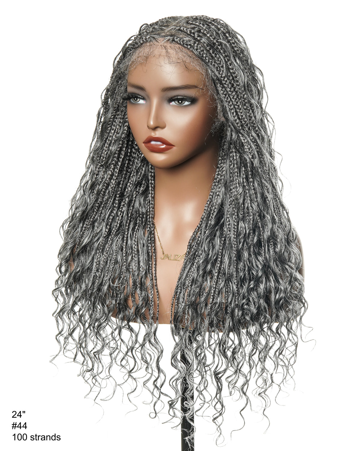 Salt & Pepper 24" HD Full Lace Boho Braided Wig with Deep Wave Human Hair & Synthetic Blend Curls #44 Base