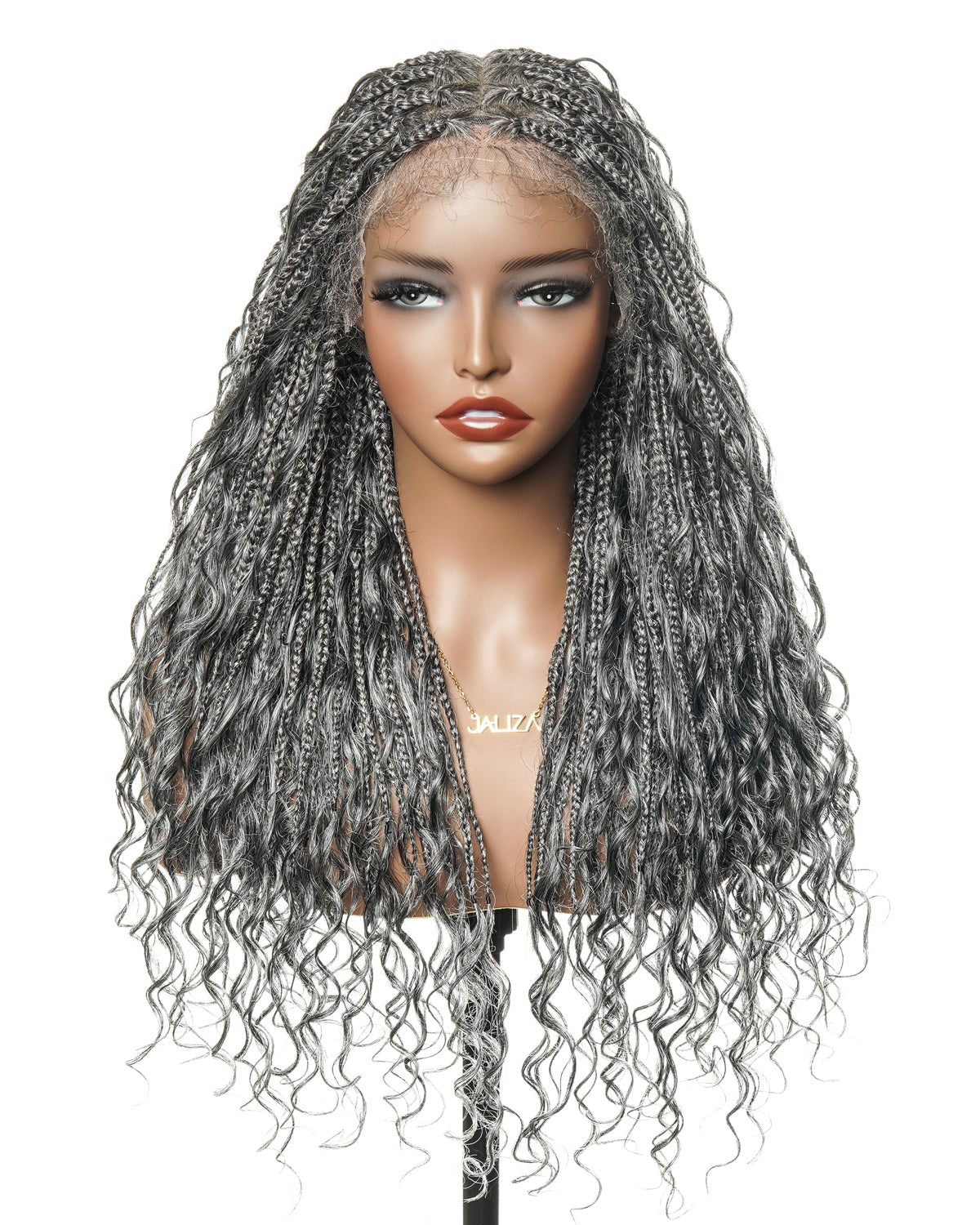 Salt & Pepper 24" HD Full Lace Boho Braided Wig with Deep Wave Human Hair & Synthetic Blend Curls #44 Base