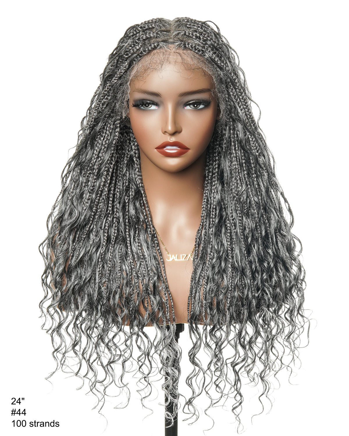 Salt & Pepper 24" HD Full Lace Boho Braided Wig with Deep Wave Human Hair & Synthetic Blend Curls #44 Base