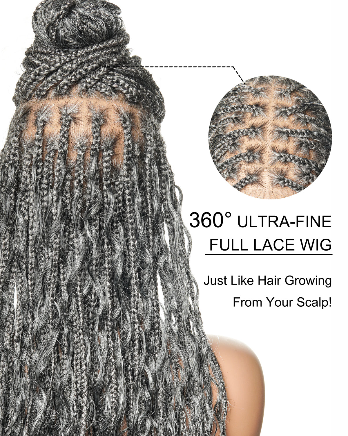 Salt & Pepper 24" HD Full Lace Boho Braided Wig with Deep Wave Human Hair & Synthetic Blend Curls #44 Base