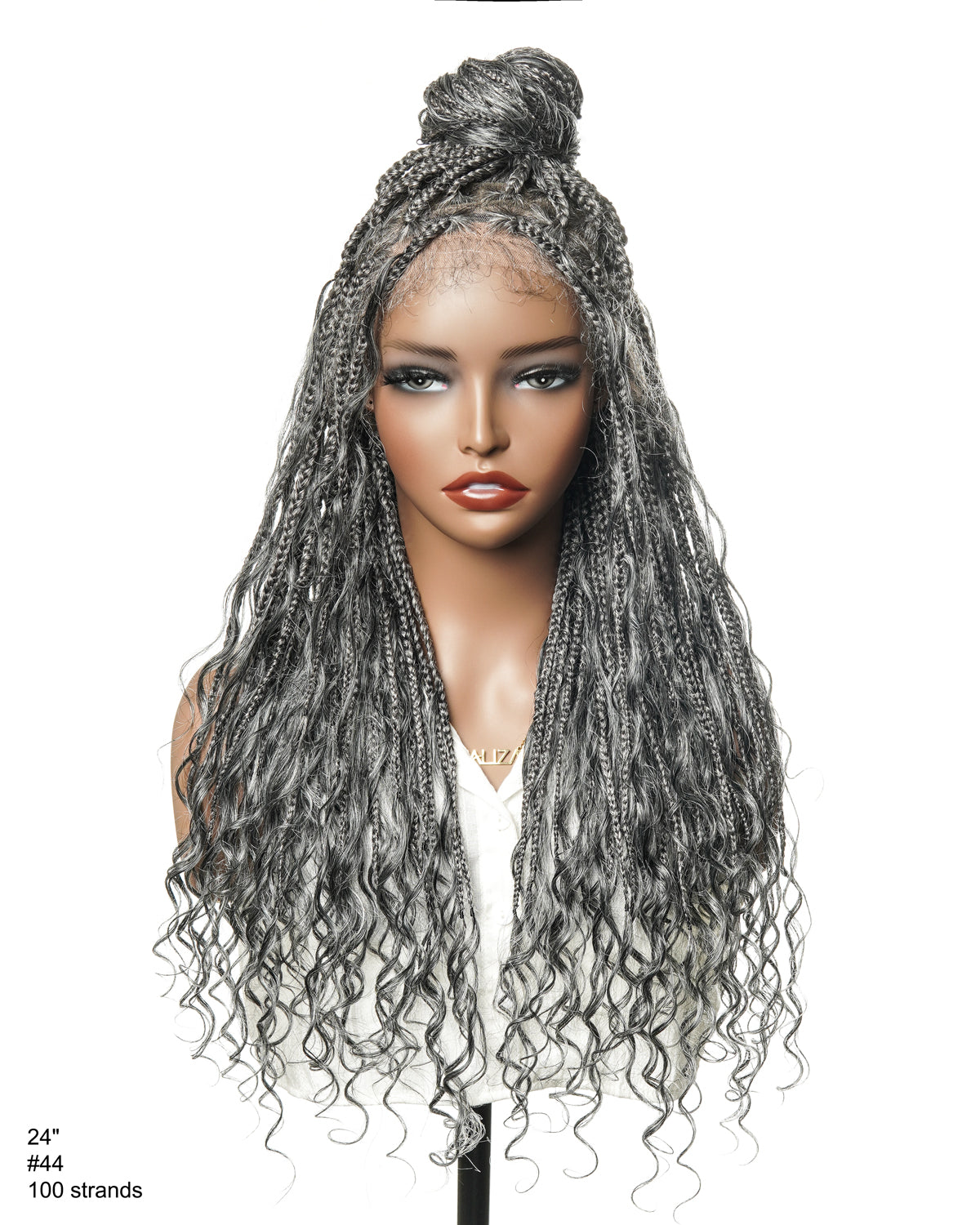 Salt & Pepper 24" HD Full Lace Boho Braided Wig with Deep Wave Human Hair & Synthetic Blend Curls #44 Base