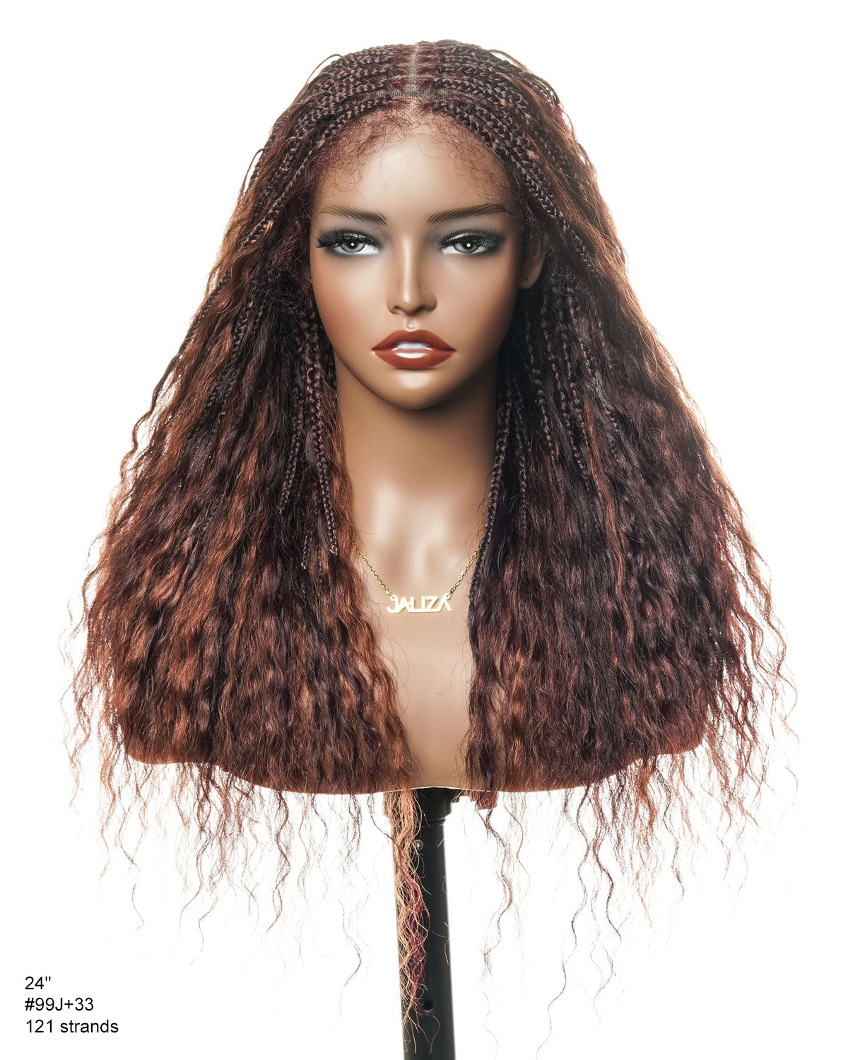 24" Mix Color Burgundy 99J & 33 Reddish Brown Super Style Human Hair Wet & Wavy Curls HD Full Lace Boho Box Braided Wig 121 Strands