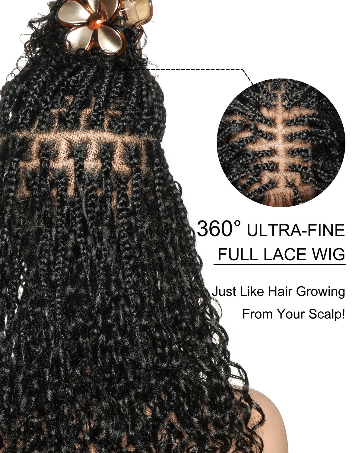 Nami - Drawstring Cap Water Wave Human Hair Curls Pre Bleached Swiss HD Full Lace Knotless Boho Box Braided Wig
