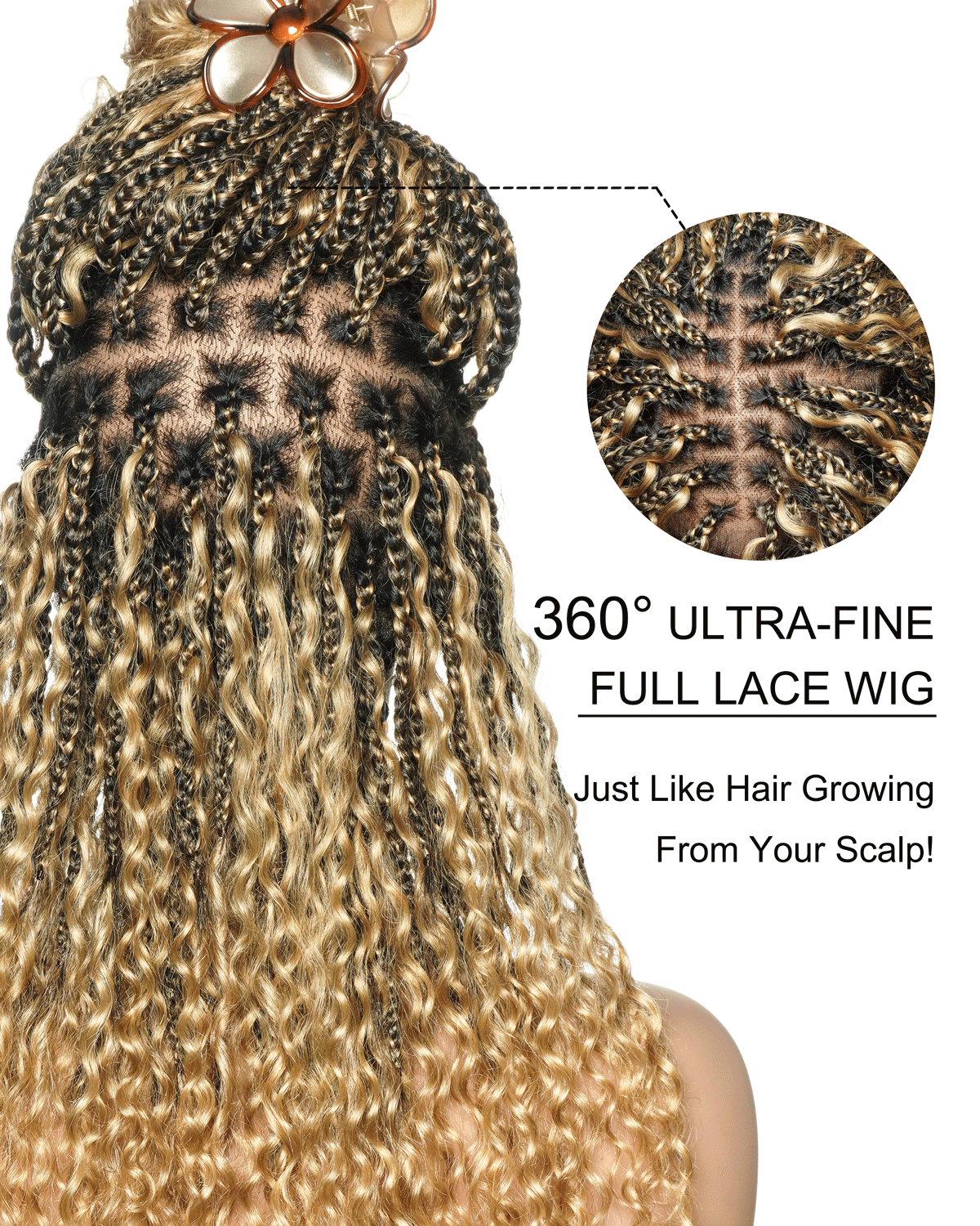 Nami - Drawstring Cap Water Wave Human Hair Curls Pre Bleached Swiss HD Full Lace Knotless Boho Box Braided Wig