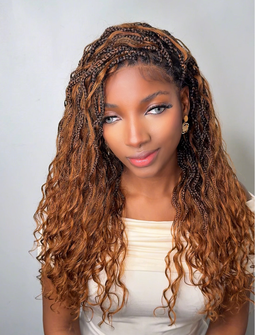 24 Inches Wavy Box Braids with Human Hair Cascading Boho Waves Boho Box Braided Wig