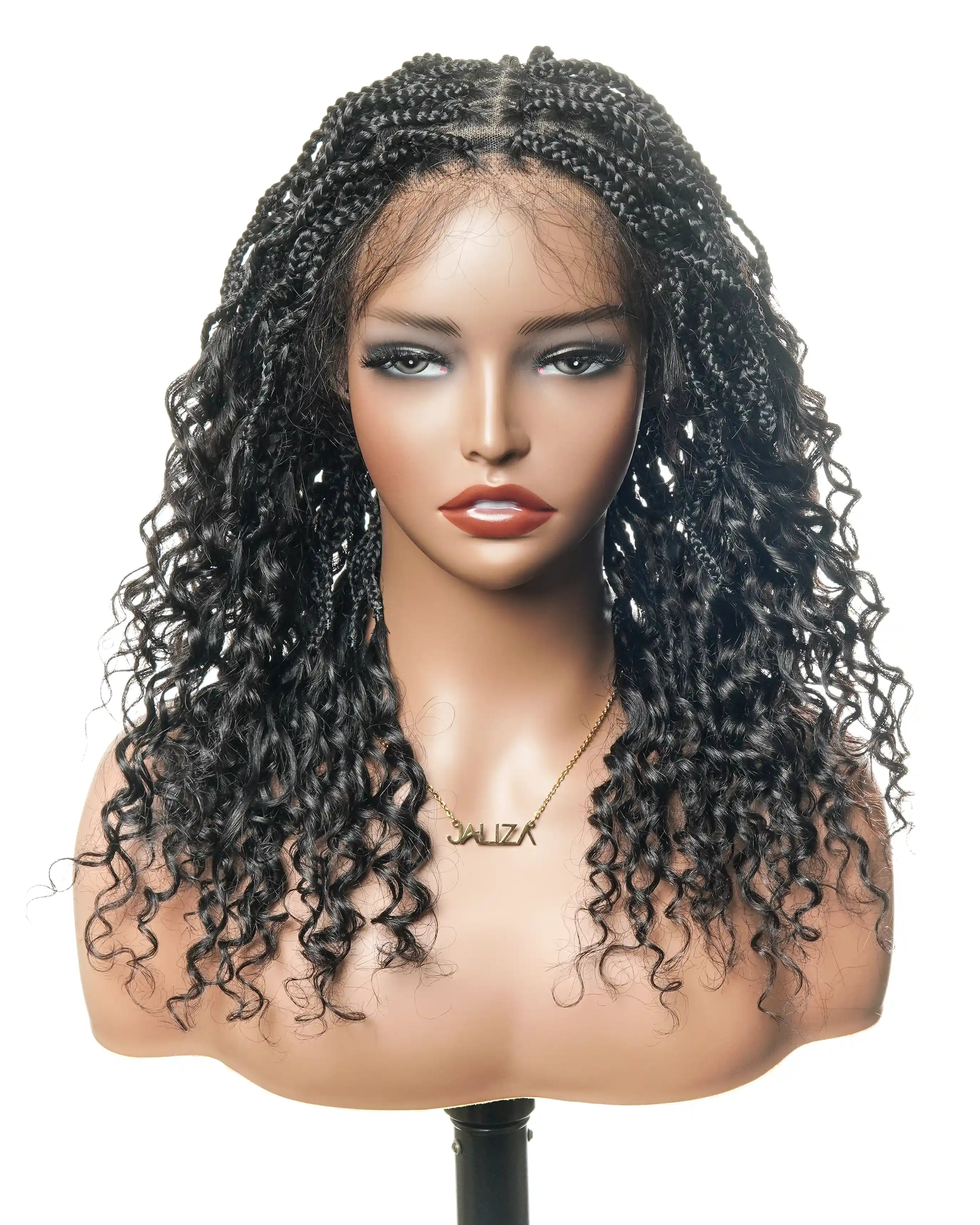 18" Wavy Box Braided Wig With Human Hair Curly Ends Pre Bleached Knots
