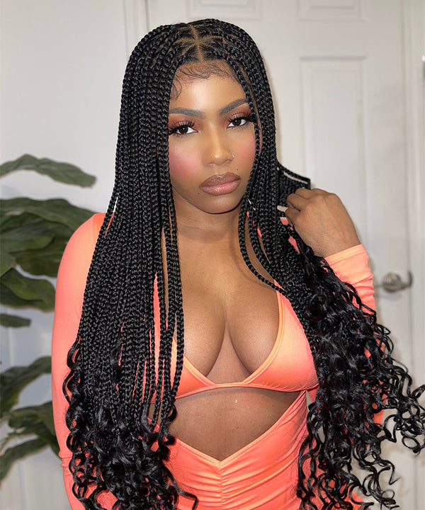 Fancivivi Triangle Medium Knotless Braids with Curls Over Hip-Length 36" Full Hand Tied Lace Box Braided Wig