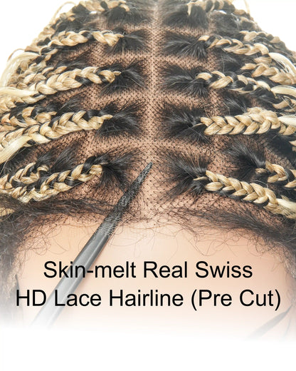 36" Human Hair Boho Curls HD Lace Knotless Box Braided Wig Full Hand-tied - Human Baby Hair