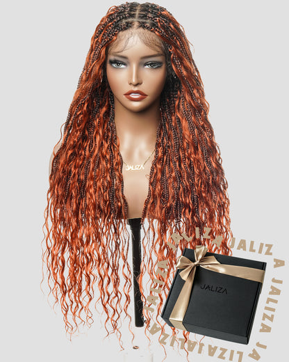 Thanksgiving Gift Box: 30" Ginger Color Pre Bleached HD Full Lace Boho Box Braided Wig