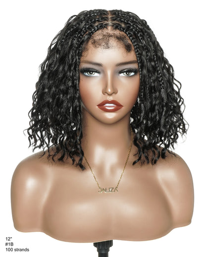 Kiki - 12" Pre Bleached HD Full Lace Bob Boho Box Braided Wig With Human Hair Boho Curls