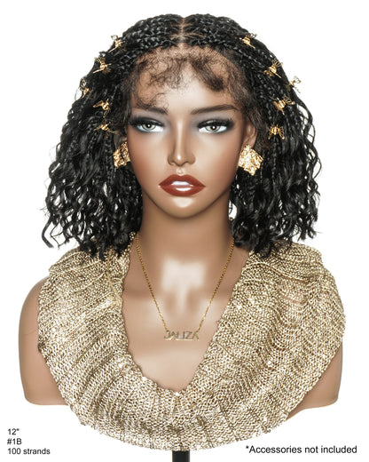 Kiki - 12" Pre Bleached HD Full Lace Bob Boho Box Braided Wig With Human Hair Boho Curls