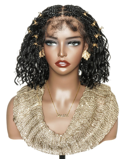 Kiki - 12" Pre Bleached HD Full Lace Bob Boho Box Braided Wig With Human Hair Boho Curls