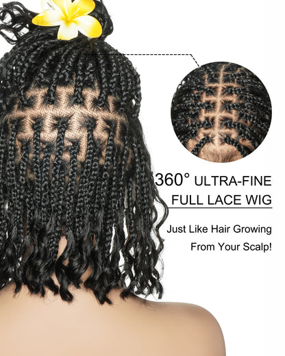 Kiki - 12" Pre Bleached HD Full Lace Bob Boho Box Braided Wig With Human Hair Boho Curls