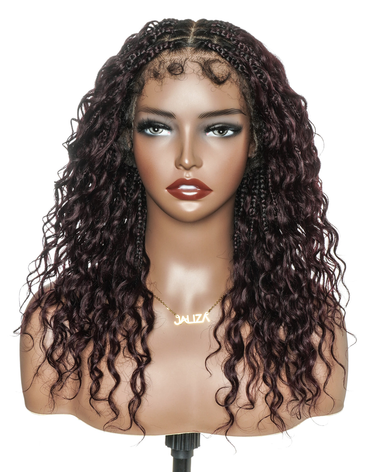 JALIZA 16 inch Dark brown 1B-4 Knotless Boho Box Braids Full Lace Pre-Bleached HD Lace Frontal Braided Wig Middle Part (Mannequin - Front View)