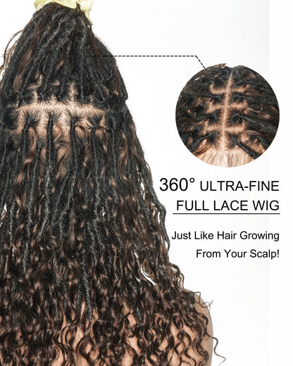 16" Pre Bleached HD Full Lace Boho Locs Wig With Human Hair Boho Curls
