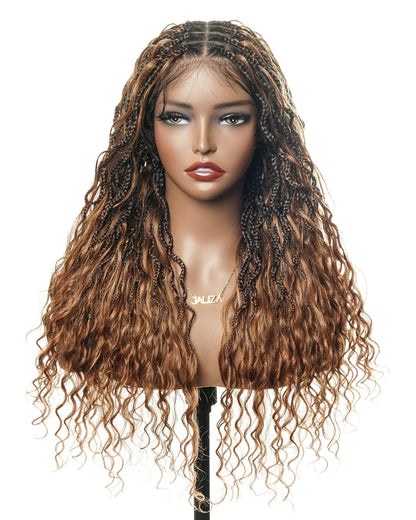 24 Inches Wavy Box Braids with Human Hair Cascading Boho Waves Boho Box Braided Wig