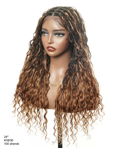 24 Inches Wavy Box Braids with Human Hair Cascading Boho Waves Boho Box Braided Wig