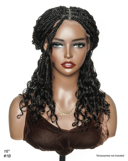 Glueless 16" Pre Cut HD Full Elastic Lace Lightweight Ready-To-Go Boho Box Braided Wig with Human Hair Boho Curls