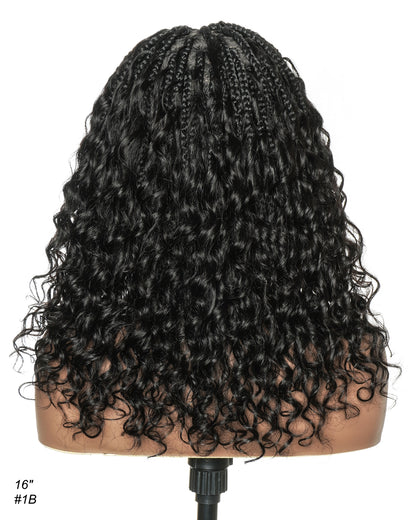 Glueless 16" Pre Cut HD Full Elastic Lace Lightweight Ready-To-Go Boho Box Braided Wig with Human Hair Boho Curls