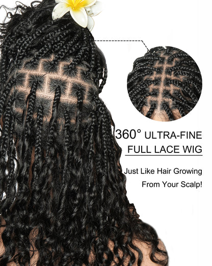 Glueless 16" Pre Cut HD Full Elastic Lace Lightweight Ready-To-Go Boho Box Braided Wig with Human Hair Boho Curls