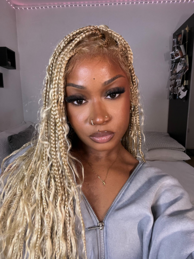 100% Hand-Tied Full Transparent Lace Human Hair Boho Curls Knotless Boho Box Braided Wig