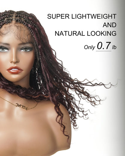 Dark Burgundy 99J Pre Bleached HD Full Lace Human Hair Boho Curls Boho Box Braided Wig 100 Strands