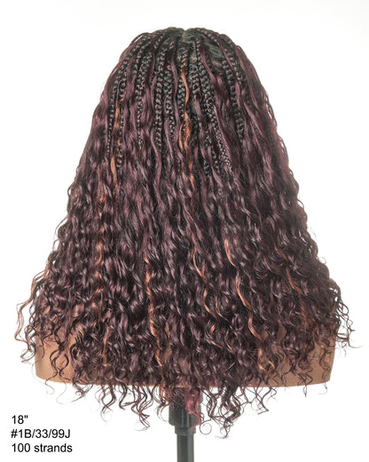 Dark Burgundy 99J Pre Bleached HD Full Lace Human Hair Boho Curls Boho Box Braided Wig 100 Strands