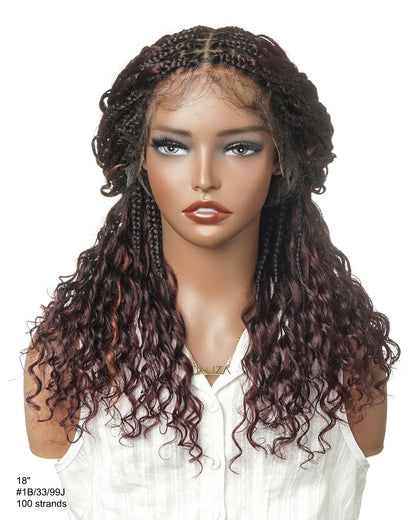 Dark Burgundy 99J Pre Bleached HD Full Lace Human Hair Boho Curls Boho Box Braided Wig 100 Strands