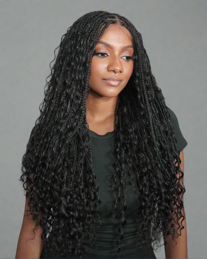 Essential Choice - Human Hair Boho Curls HD Full Lace Knotless Boho Box Braided Wig