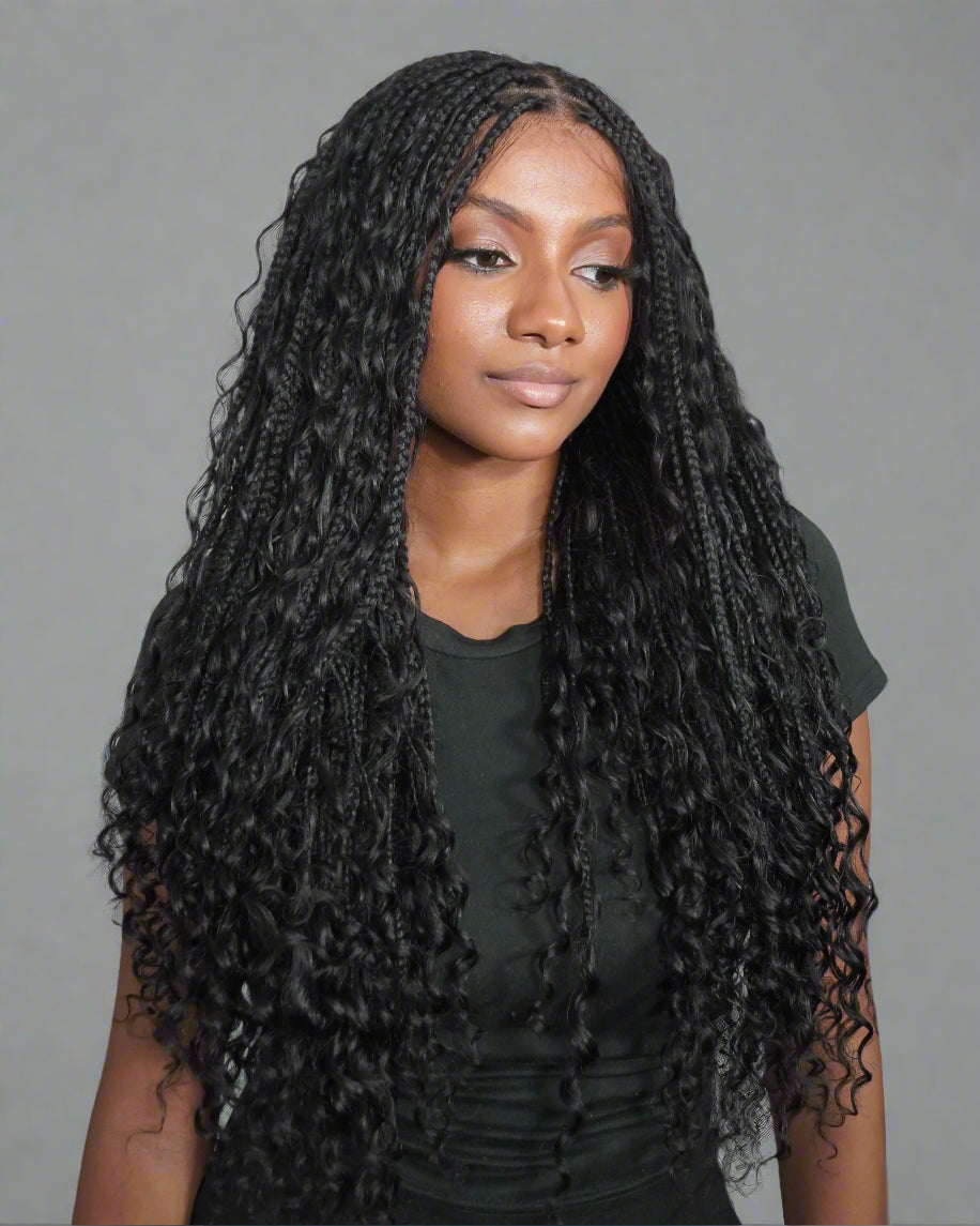 Essential Choice - Human Hair Boho Curls HD Full Lace Knotless Boho Box Braided Wig