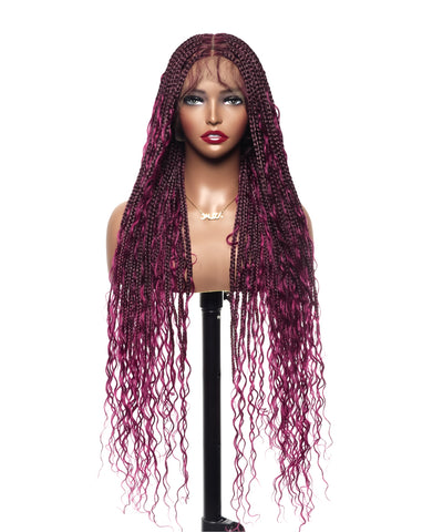 JALIZA 36 inch Burgundy Knotless Boho Box Braids Full Lace Braided Wig (Mannequin - Front View)