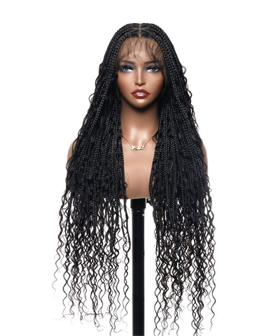 JALIZA 36 inch Black Boho Box Braids Full Lace Transparent Lace Braided Wig Middle Part (Mannequin - Front View)