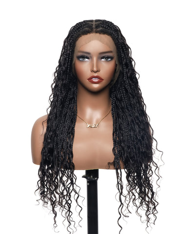 24" Human Hair Boho Box Braided Wig HD Full Lace Lightweight 79 Strands 1 Boho Curl and 1 Boho End