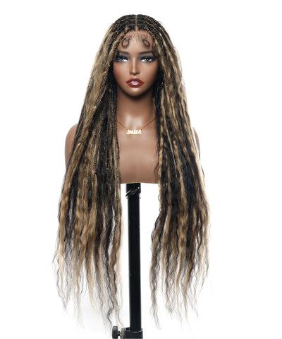 36" Piano Color Honey Blond & Black Pre Bleached Human Hair Lace Wet & Wavy Super Style HD Lace Knotless Boho Box Braided Wig