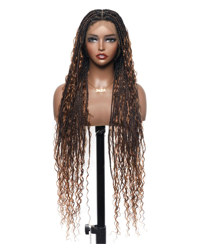 Clearance Item - Triangle Base HD Full Lace Human Hair Boho Curls Knotless Boho Box Braided Wig 36"