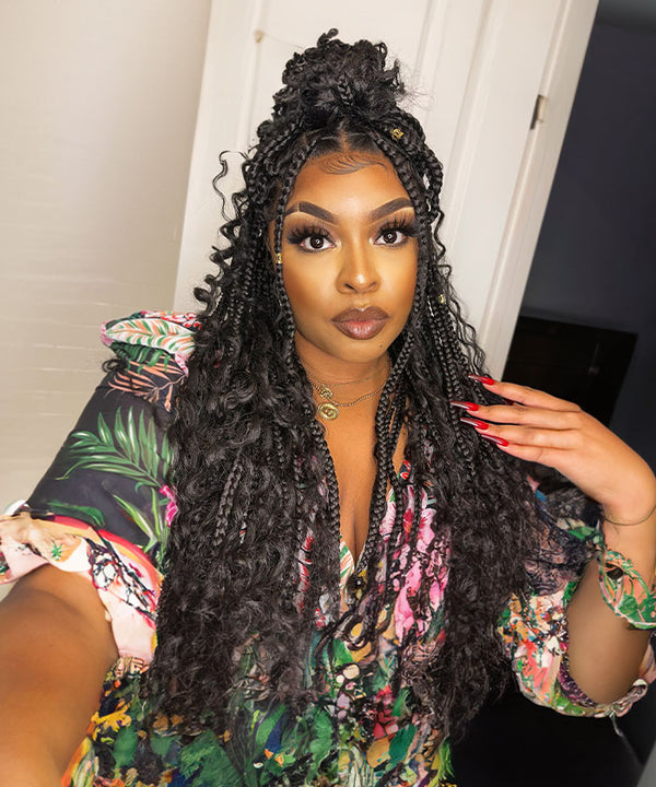 Fancivivi Boho Medium Knotless Box Braids with Curls Over Hip-Length 36" Full Hand Tied Lace Braided Wig