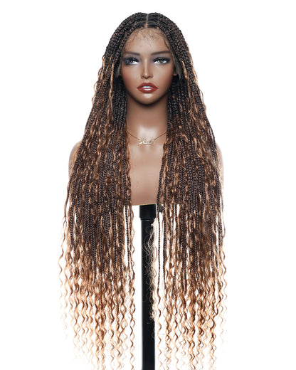 12"-36" Human Hair Deep Wave Curls Pre Bleached Knotless HD Full Lace Boho Box Braided Wig