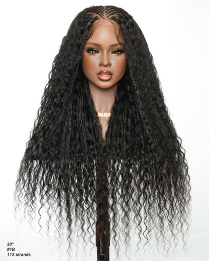 Avery - Fulani 2 Steps Pre Bleached Full lace Cornrow Human Hair Curls Boho Box Braided Wig